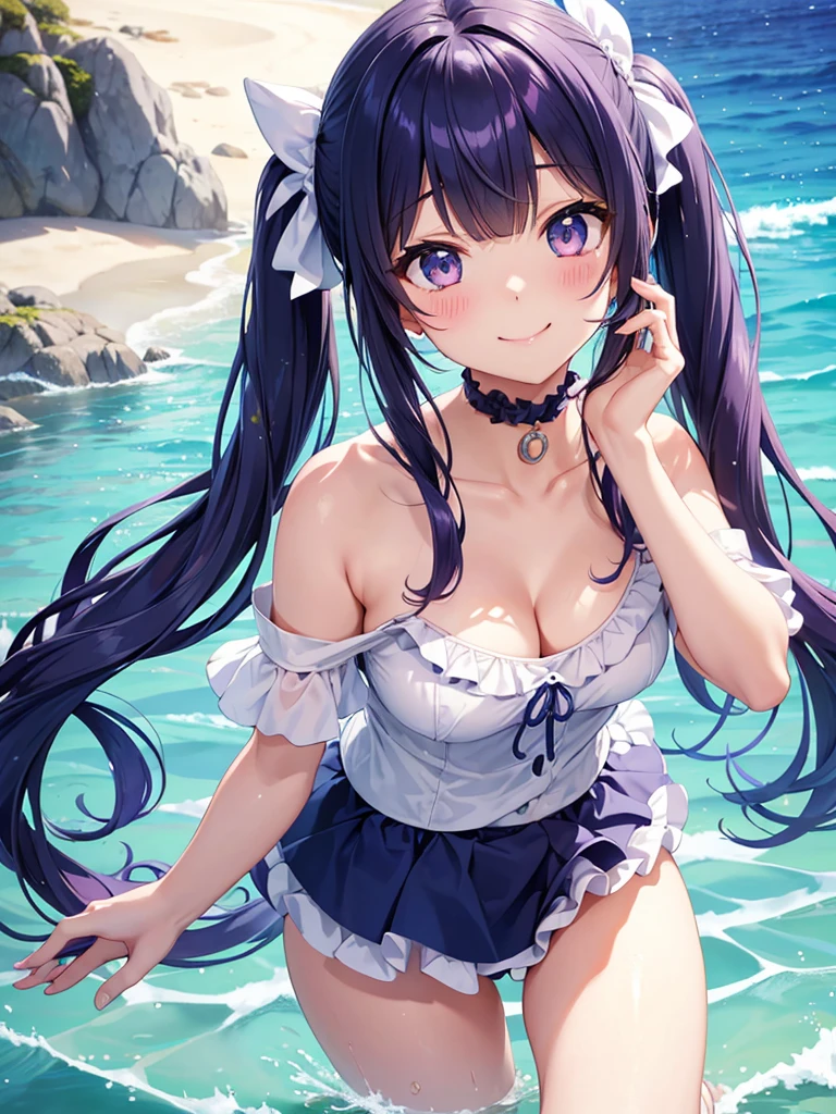 One woman,Twin tails,big tail,eye_purple,hair_Navy Blue,blush,cute,Beautiful Face,smile(輝くeye),Ocean,とびっきり楽しそうなsmile,Mouth wide open,Swimwear_light blue,Frills,Light effects