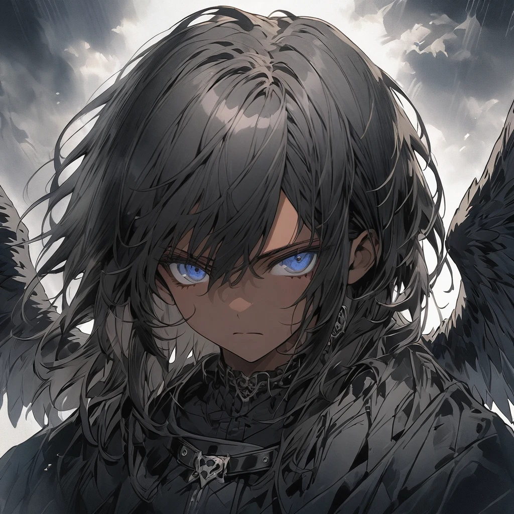 Wild Young Black Harpy Black Hair Black Wings Blue Eyes Gothic Sleep Pure Belt on torso Japanese anime hand drawn illustration whole body Character portrait Dark Skin serious Dark atmosphere Black waistband