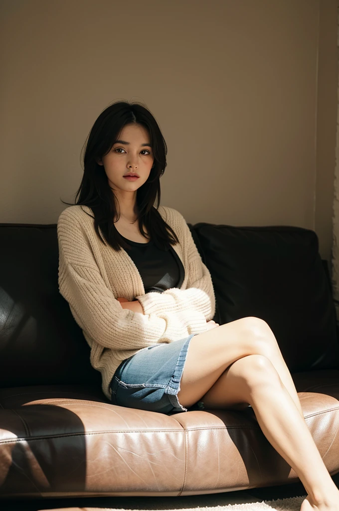 One girl,sitting on a comfortable sofa,Crossing your legs,Soft Light