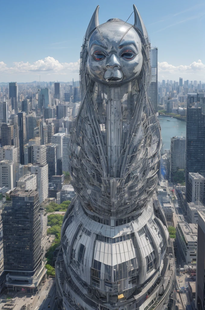 (Highest quality、High resolution、8K、Accuracy、masterpiece: 1.2)。Gantz。世にも奇妙なgod様。god々Successfully超巨大なgodが、Standing in Tokyo, Japan。It has a strange atmosphere, but it blends in naturally with the city of Tokyo.。(background:Kanto cityscape)A clear blue sky with a face reaching above the clouds。god々Successfully、False、しかしgod様。Large Noh mask of an old man(White lieutenant)Faces like、Or、Fallen angel-like appearance。白Silver、Money、Silver。Head is 10 times larger than the body。