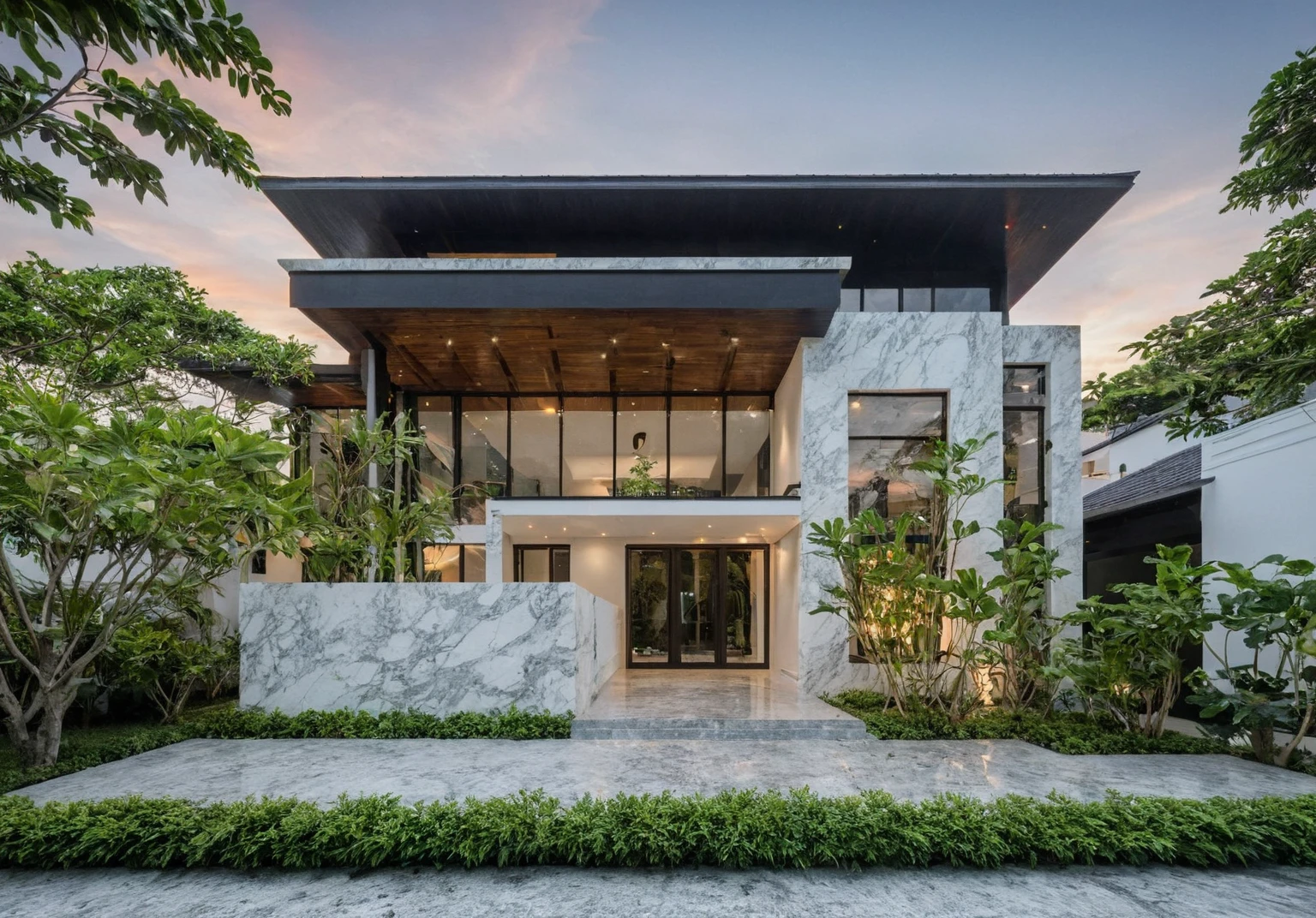 masterpiece, best quality, exterior design, (sunset), one-story modern house in Vietnamese village, marble, steel, modern light-colored granite facade and white walls, wooden ceiling , large glass, modern minimalist style, green shrubs and tropical plants background, large doors and windows.
