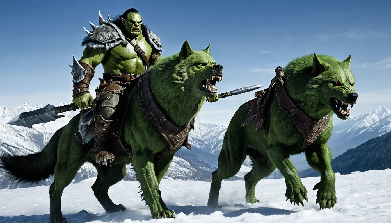 raw photo, cinamatic, a green-skinned orc in armor is riding a giant wolf. The background features a snow-covered valley surrounded by tall mountains, creating a cold and desolate environment. The orc has a fierce expression, and the wolf looks equally formidable, both exuding a sense of menace.