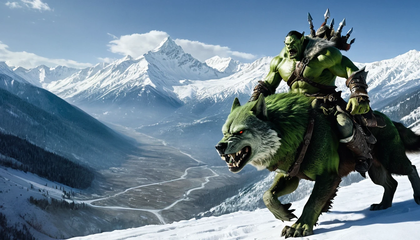 raw photo, cinamatic, a green-skinned orc in armor is riding a giant wolf. The background features a snow-covered valley surrounded by tall mountains, creating a cold and desolate environment. The orc has a fierce expression, and the wolf looks equally formidable, both exuding a sense of menace.