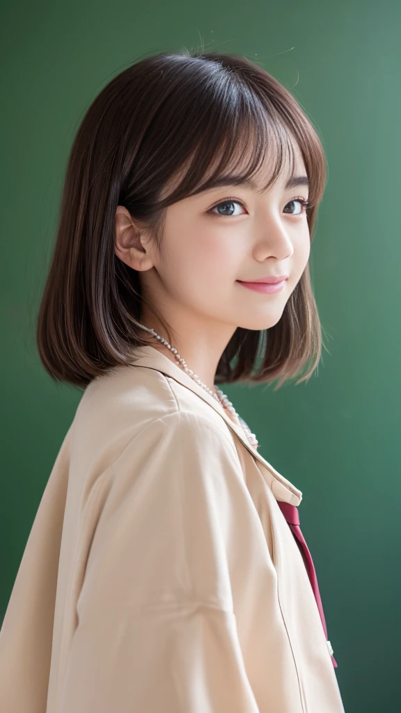 High School Uniform))、(Blackboard background)、Filmed in a school classroom、(School classroom with windows)、(8K、Live Shooting、Highest quality、masterpiece:1.2)、High-quality RAW color photos、Professional photos、(Genuine、フォトGenuine:1.37)、Photographed in natural light、1 Girl、A sloppy smile、(Various poses)、necklace、(Beautiful profile:1.3)、profile、Shortcuts、short hair、The eye color is dark brown、(Beautiful profile:1.3)、Correct hand of human body、Pastel colored clothes、Woman with single eyelid、The correct state of the human body、Natural  lip、Shot in well-lit areas、The gesture of brushing back hair、High school girl uniform、Facing forward