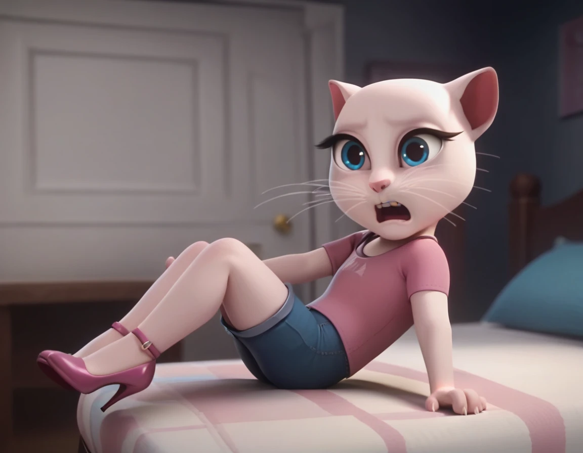 solo focus, a_la, 1girl, cat, white fur, long whiskers on both sides of the face, big bright blue eyes, big black eyelashes, pink nose, triangular ears with pink channels, high heels.short jeans pulled down. 1 girl and 1 boy human. side view. in bed. woman facing back The man is sitting on the chair. Woman sits on man anal screaming, lying, at home, looking back, big penis, 1 male rape, girl . Score_9, Score_8_up, Score_7_