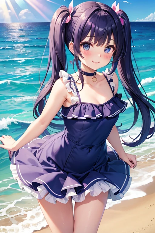 One woman,Twin tails,big tail,eye_purple,hair_Navy Blue,blush,cute,Ocean,A very happy smile,Mouth wide open,Light blue swimsuit,Frills,Splash