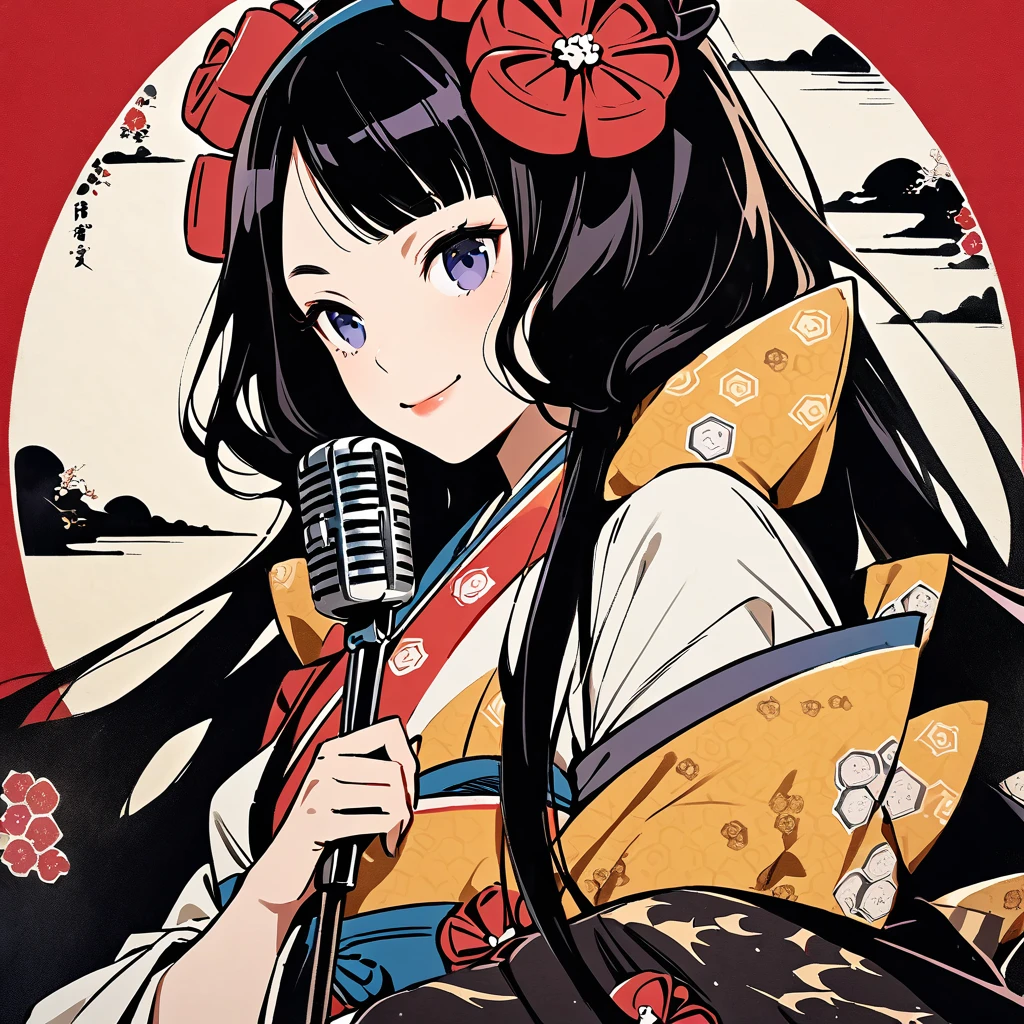 (((Highest quality))), (((Katsushika Hokusai))), (((Ink Painting))), ((Very straight long hair)), ((1 Girl)), ((beautiful girl)), ((With microphone in hand)), Headphones, Black Hair, Delicate and precise, Modern ukiyo-e style, Face close-up,smile