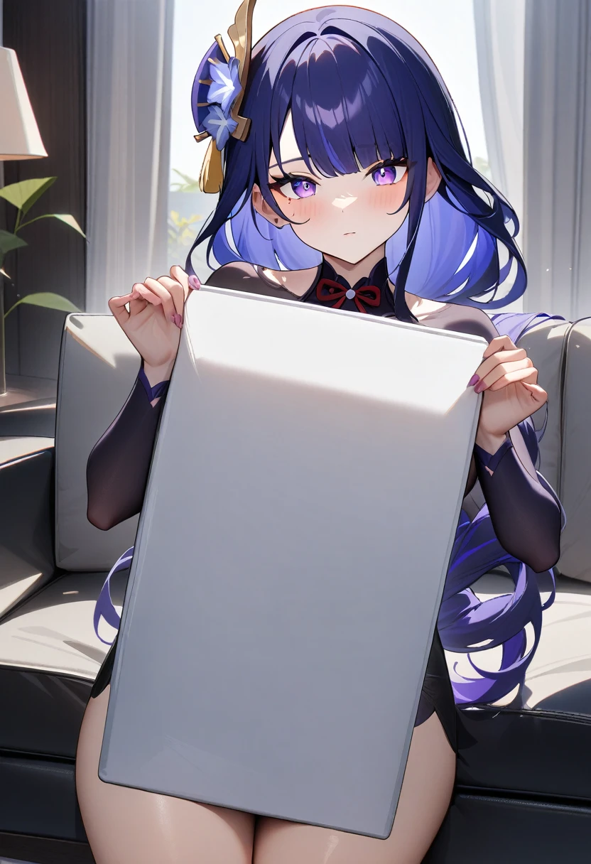 1girl, raiden shogun, genshin impact, Holding a large white board with both hands, he shows it to the viewer,living room,masterpiece,very aesthetic,newest,