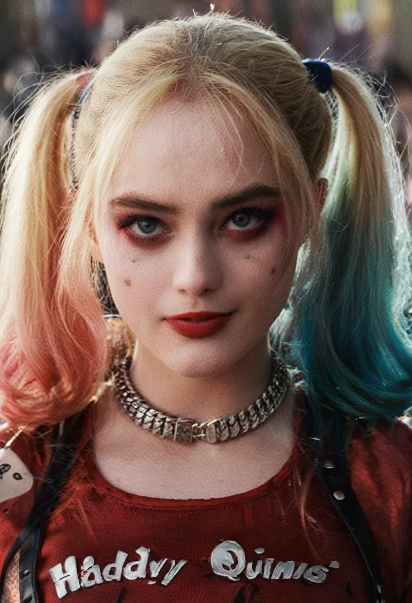 An illustrated movie poster of Kathryn Newton dressed as Harley Quinn, half-body close-up, wearing a red morph suit, f /2.8, cinematic, high quality, movie poster quality, skin texture, looking at the camera  hard shadows, graphite shading, stencil marks, airbrushed acrylic paint, masterpiece, BREAK, holding out a carboard sign written: 'Daddy's good girl!', 