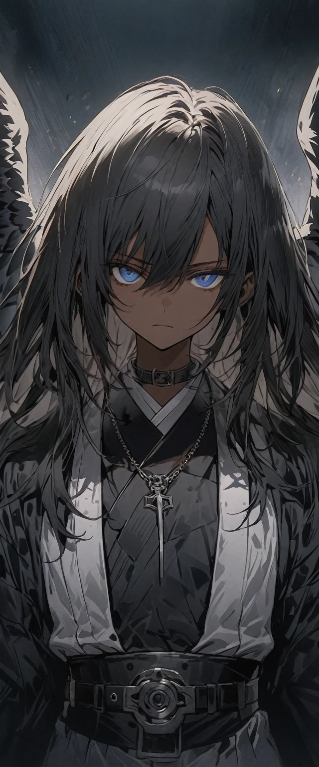 Wild Young Black Harpy Black Hair Black Wings Blue Eyes Gothic Sleep Pure Belt on torso Japanese anime hand drawn illustration whole body Character portrait Dark Skin serious Dark atmosphere Black waistband