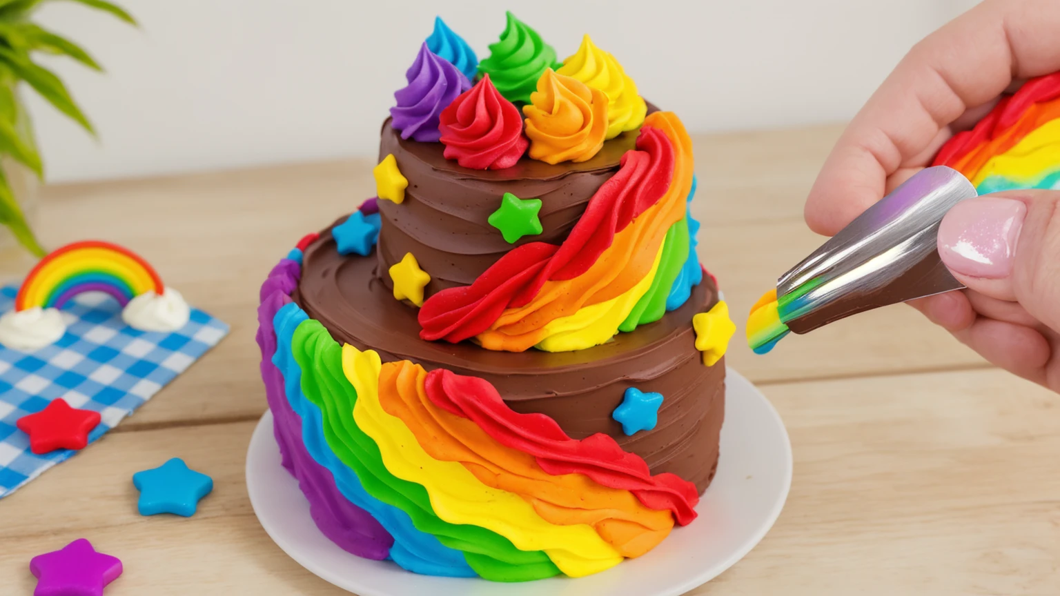 on a wooden table. there is a white plate. double tier chocolate cake ((chocolate cream texture, strokes of a pastry spatula)), rainbow cream in stitches, decorated with rainbow stars made of polymer clay, multi-colored cream on top ((cream highlights)), Beautiful light from the window, on a wooden table лежит скатерть голубая в клеточку. there is a rainbow made of polymer clay on the tablecloth. Nearby on the table lie multi-colored stars made of polymer clay. contour light, Multiple light sources, beautiful lighting, Bright light source, bright lighting, beautiful light sources, Multiple light sources, Realistic style , realistic texture, detailed texture, A high resolution, high quality, macro photography