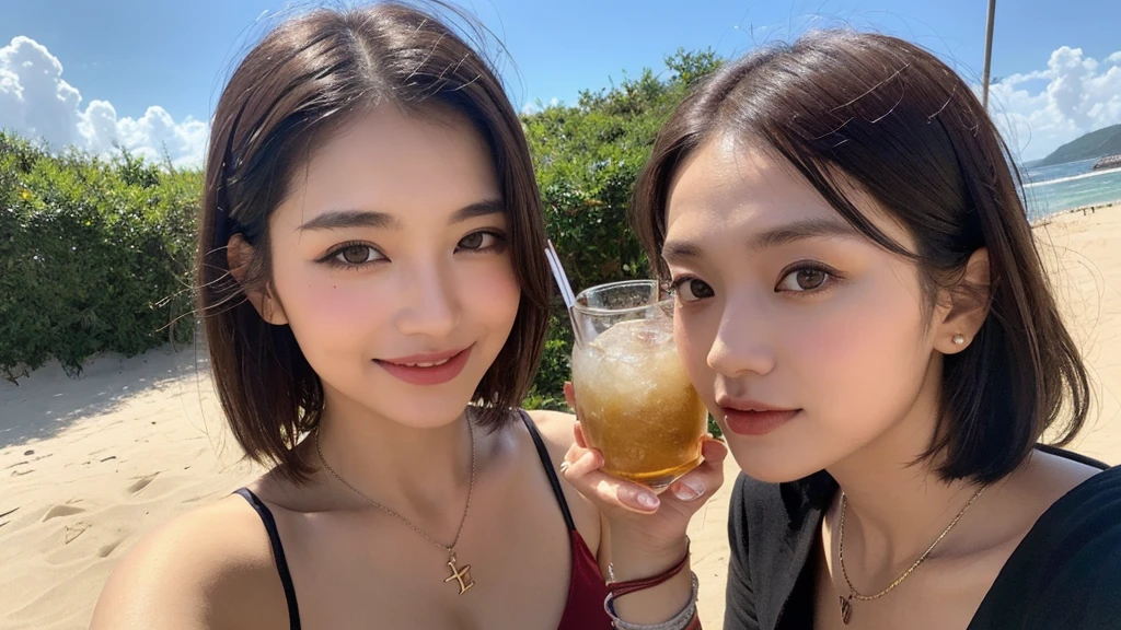 ((Photorealistic lighting, highest quality, 8k, masterpiece:1.3)), sharp focus:1.2, viewer discretion advised (New South Wales) (New South Wales) (New South Wales):1.2, ((realistic)), ((natural light, highest quality)), model-like figure:1.4, (dark brown hair, chest out:1.2), short hair, setting, backshot, (25 years old:1.3), highly detailed face, detailed eyes, double eyelids, necklace, wristband, eyeliner, colorful bikini, (large), (black dress), (seaside, beach, sandy shore, drinking alcohol)