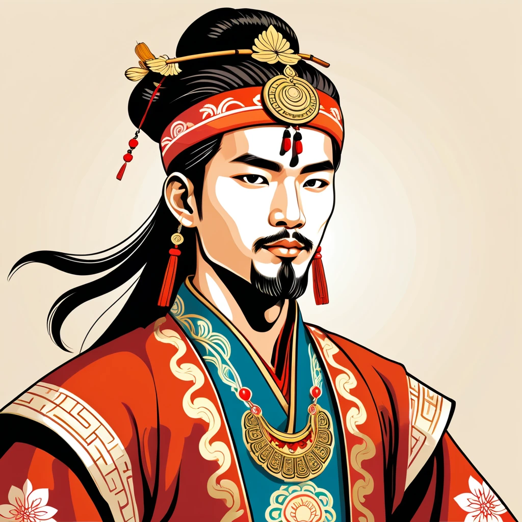 man in asian folk outfit, vector graphics, strong contours
