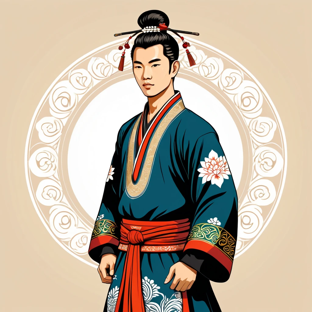 man in asian folk outfit, vector graphics, strong contours
