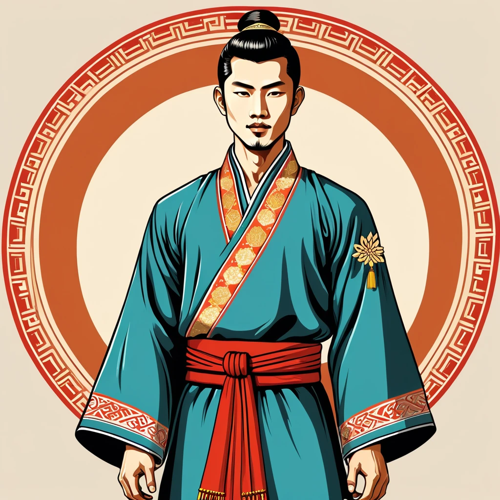 man in asian folk outfit, vector graphics, strong contours