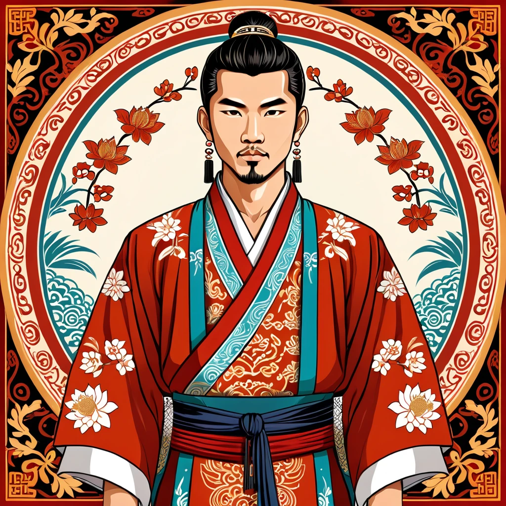 man in asian folk outfit, vector graphics, strong contours
