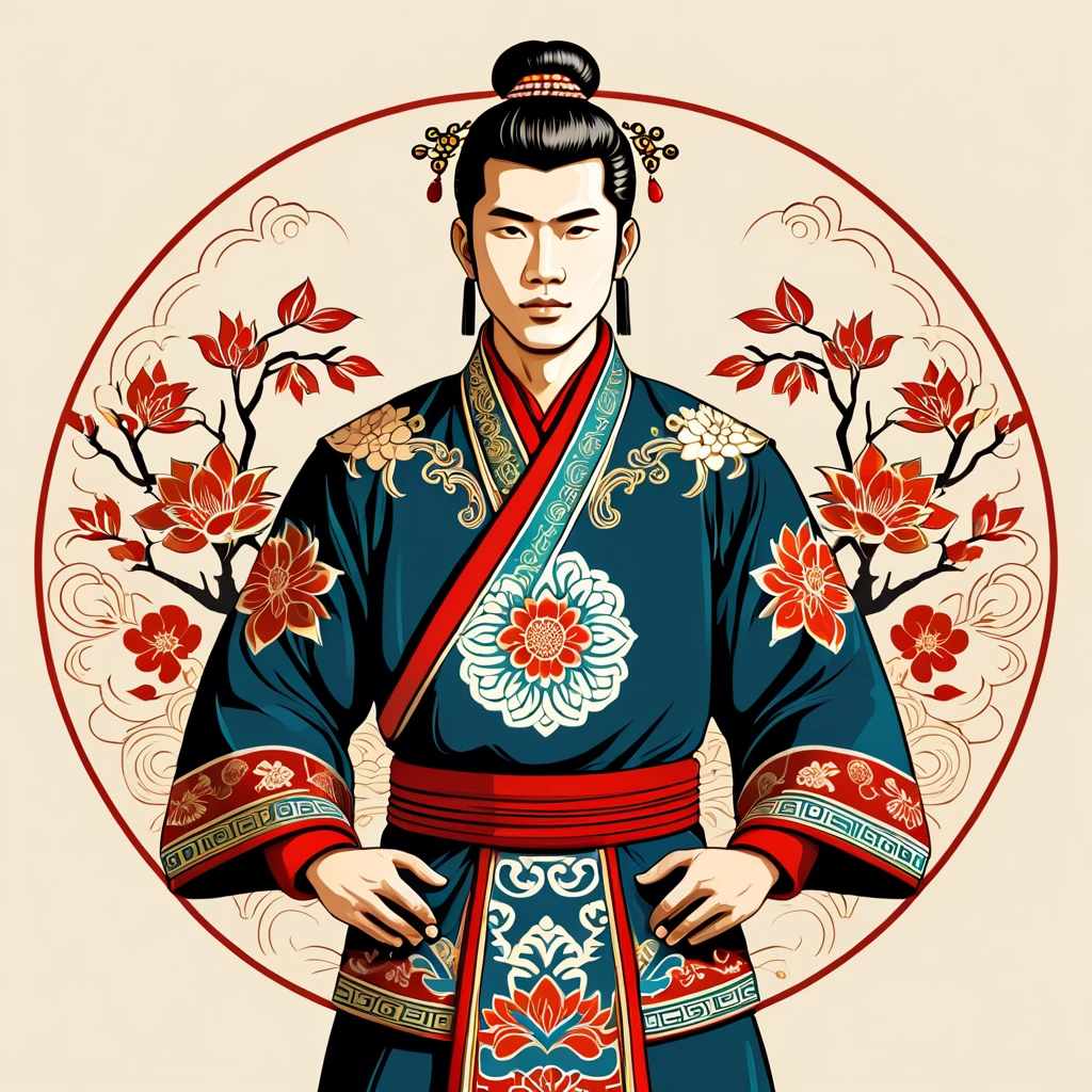 man in asian folk outfit, vector graphics, strong contours