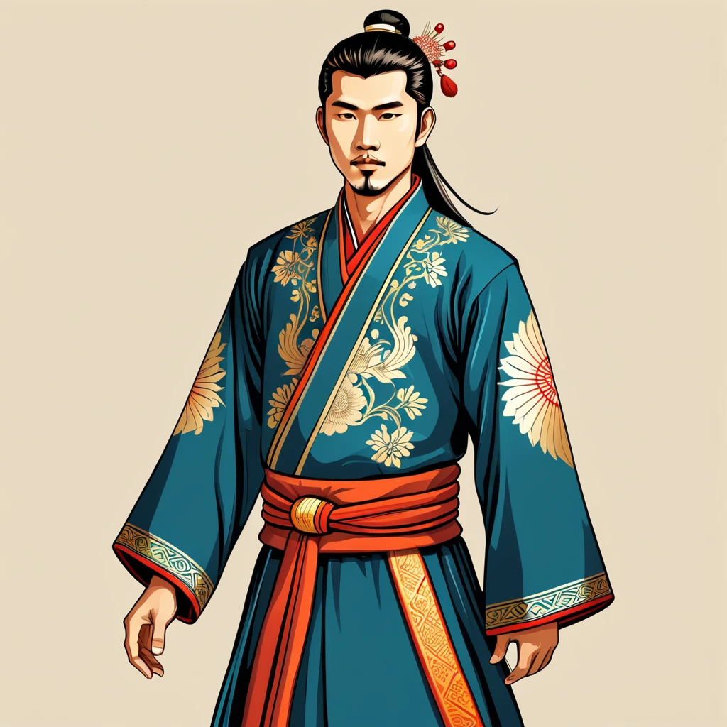 man in asian folk outfit, vector graphics, strong contours