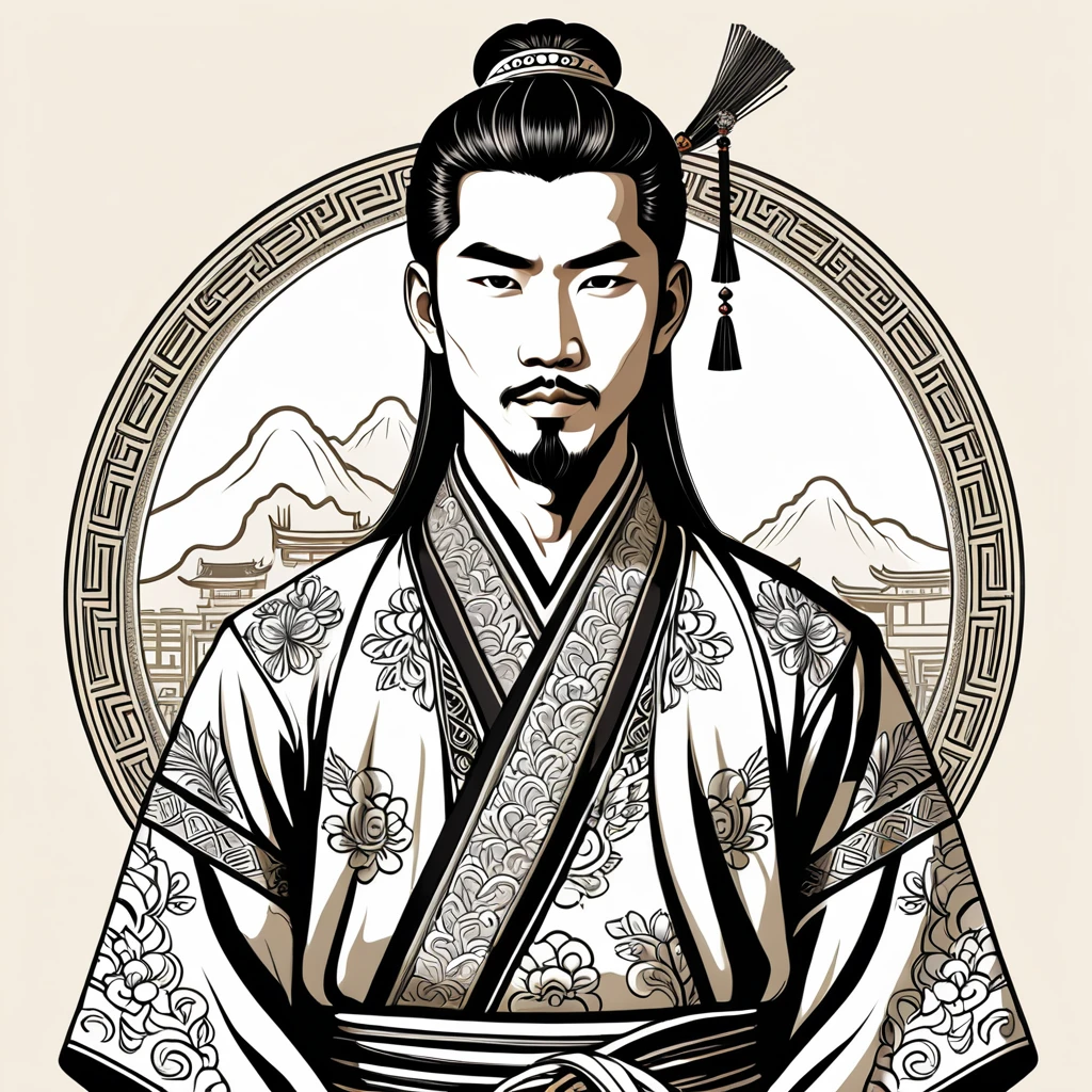 man in asian folk outfit, vector graphics, strong contours
