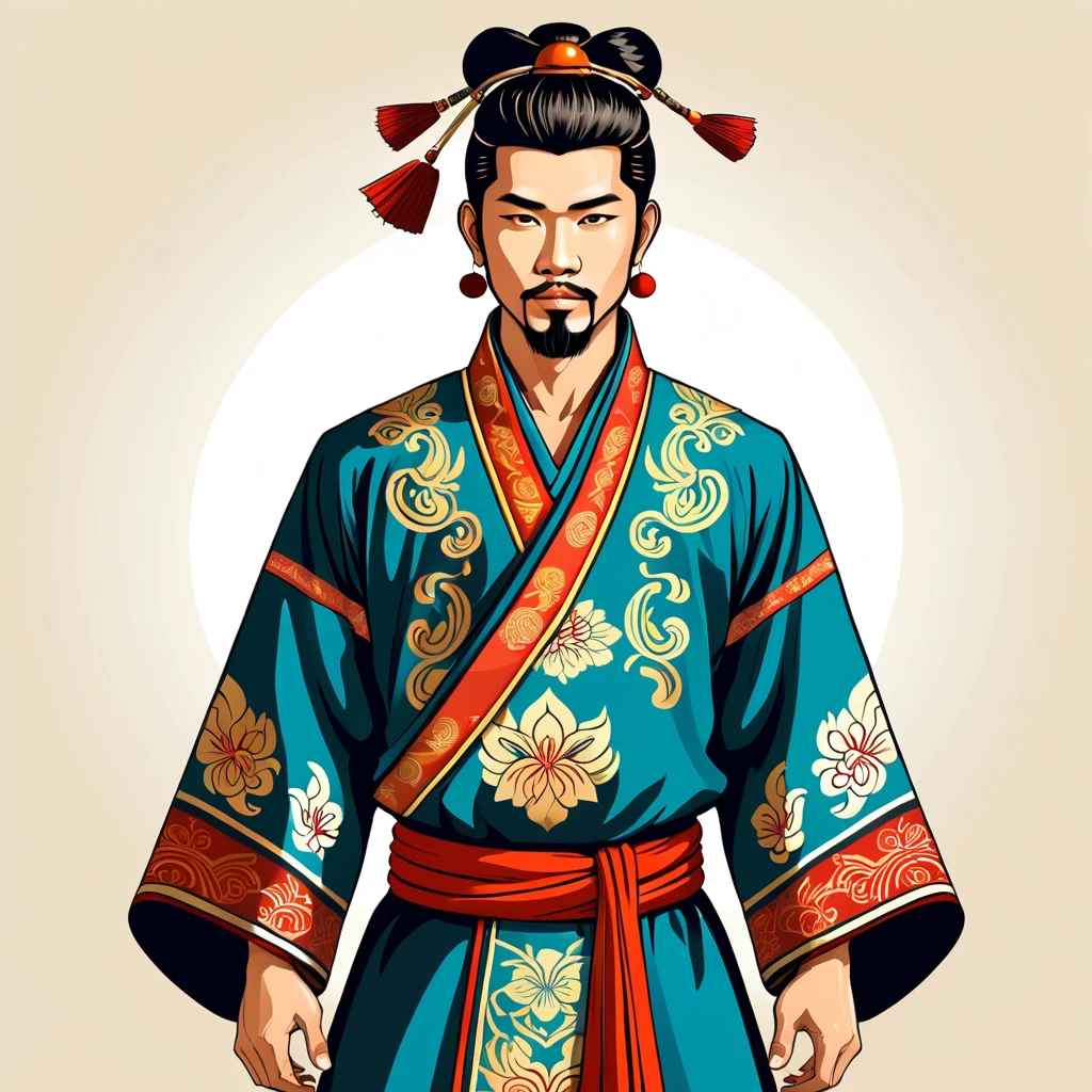 man in asian folk outfit, vector graphics, strong contours
