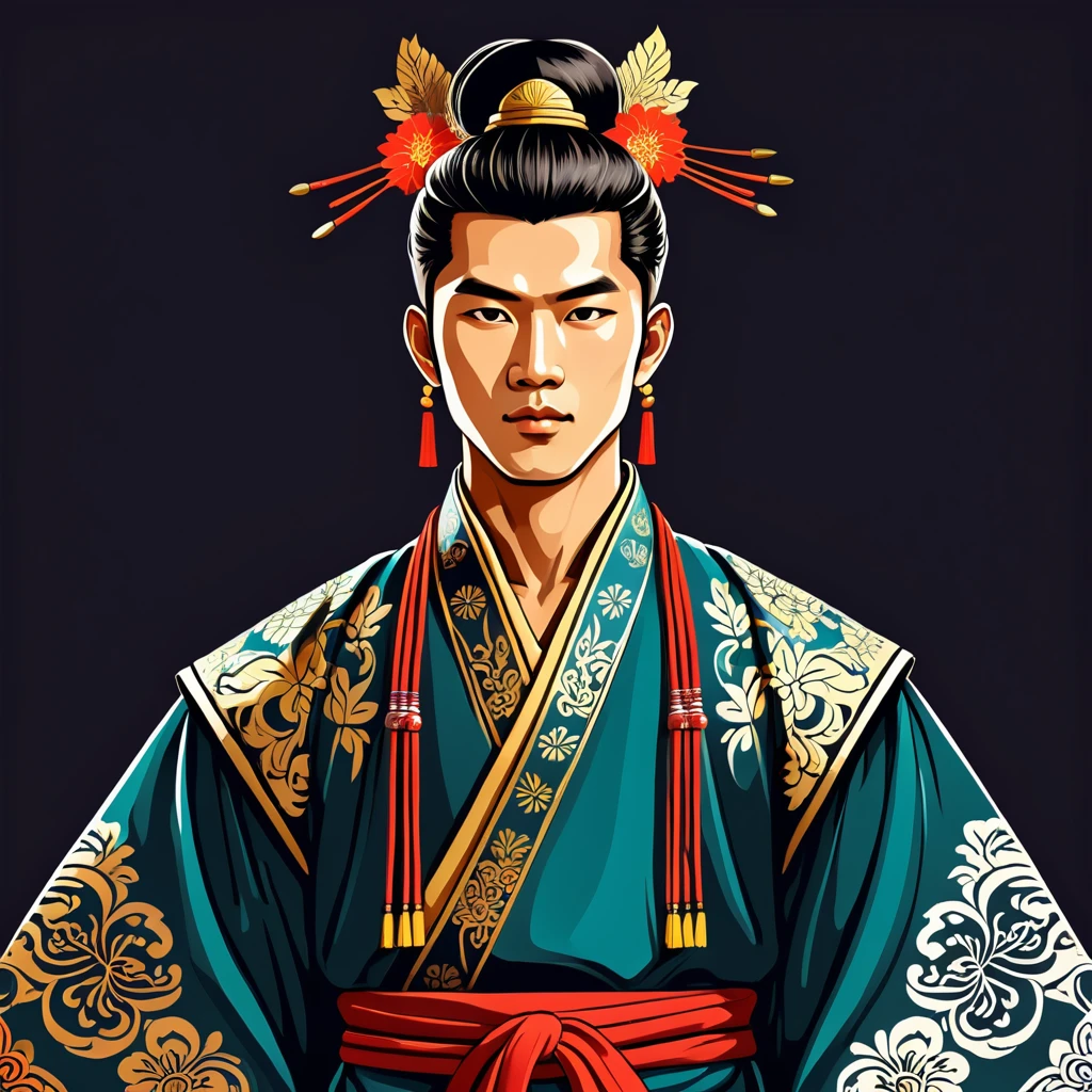man in asian folk outfit, vector graphics, strong contours