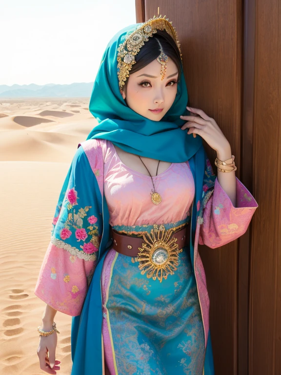 One Girl, Money色のアクセサリー, Veil, gem, Kaftans, Turbaned, Circlet, 額のjewelry, Elegant robes, sand color, (oasis), Long Hair, Wavy Hair, Light of the sun, Camel, Sand Dunes, Wind, mysterious, Desert flower, Coin Belt, fabric, embroidery, metallic, scarf, Turquoise, jewelry, Money, Queen, city, (Cowboy Shot)