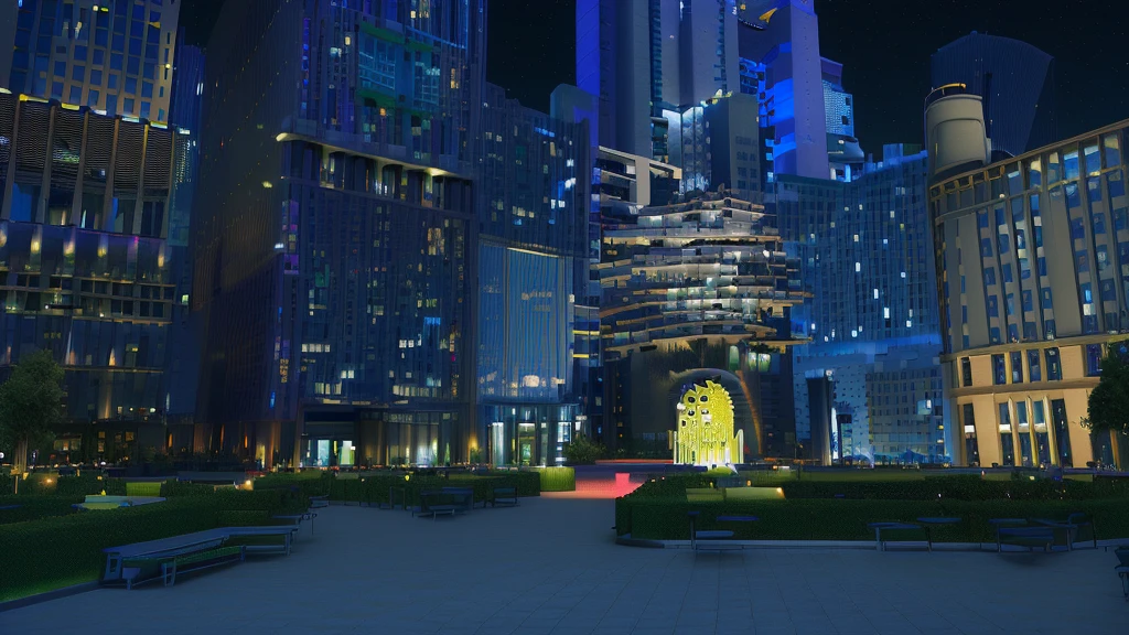 Night view of the city with fountain and bell tower, Anime style cityscape, The power of visual effects in the city at night, HD anime city landscape, Realistic establishing shot, Pixar《Zootopia》. 3d rendering, Anime landscape concept art, Random background scenes, 在Zootopia, Very detailed night cityscape, High-rise business district, Epic architecture in the center