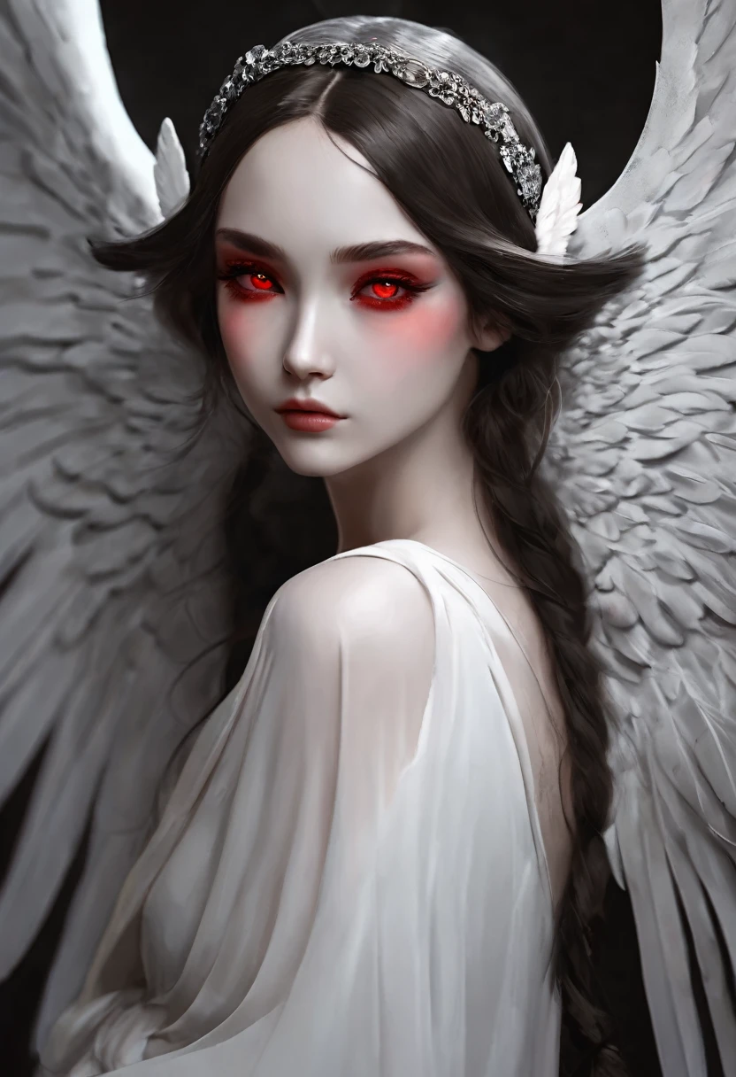 The model in a serene and peaceful pose. With red eyes and huge wings behind her as if she were an angel.