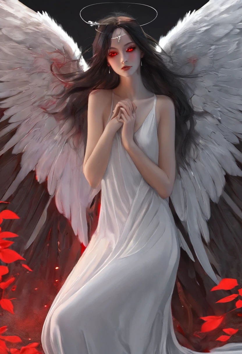 The model in a serene and peaceful pose. With red eyes and huge wings behind her as if she were an angel.