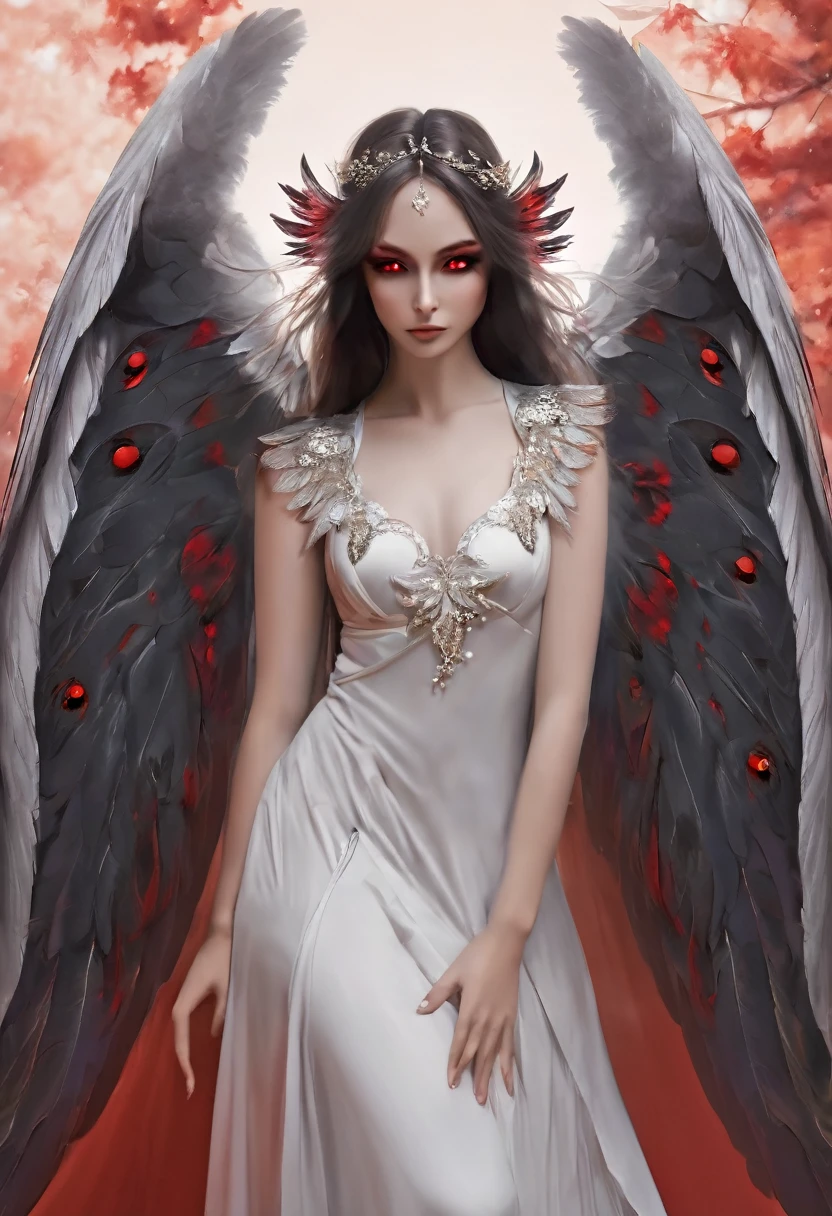 The model in a serene and peaceful pose. With red eyes and huge wings behind her as if she were an angel.