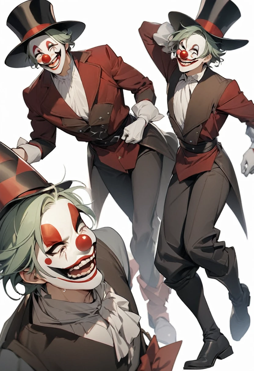 ({masterpiece}},{best quality,}，white background,full body，middle Ages,1man,clown mask，Top Hat，Lively，Handsome，Lean，({masterpiece}},{best quality}