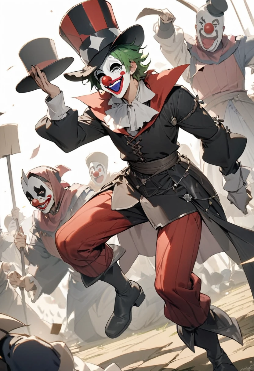 ({masterpiece}},{best quality,}，white background,full body，middle Ages,1man,clown mask，Top Hat，Lively，Handsome，Lean，({masterpiece}},{best quality}