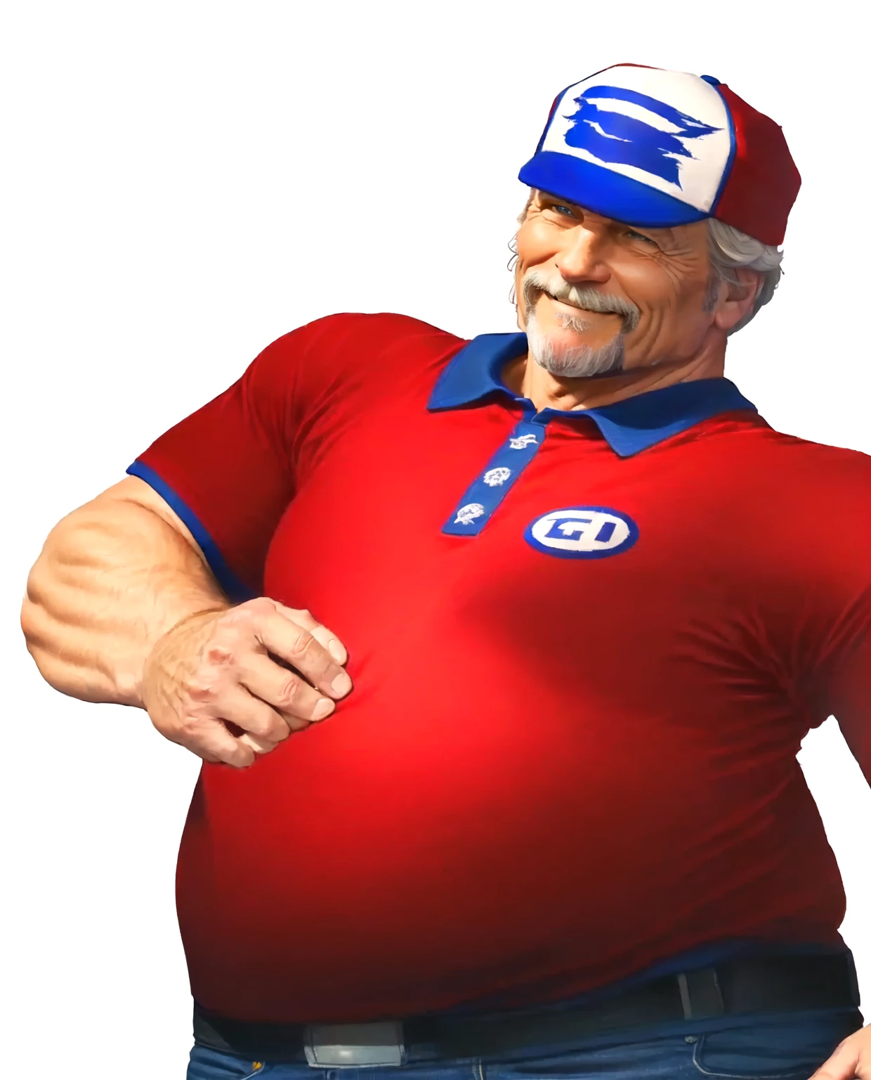 a close up of a man in his 60s wearing a red shirt and blue jeans, as a character in tekken, beefy, realistic textures, jeff bridges with a goatee, best friend smiling at you with encouragement, Out Run 2 flagman, 2 k, 2k, muscular bernie sanders, buff man, character from king of fighters, robust stocky body, hide the pain harold, name of character is flagman, wise face, his cap has a SEGA logo on it, (short GREY hair)