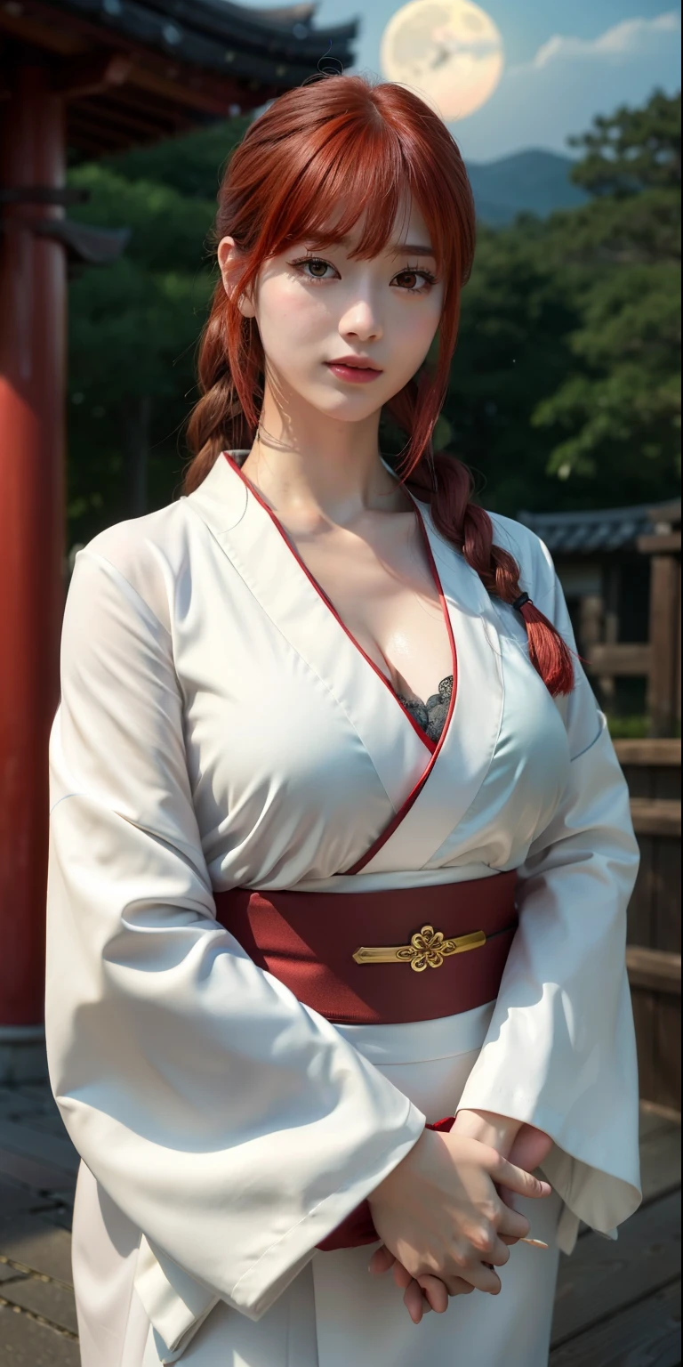 、(masterpiece)、(Highest quality)、(Super fine)、(Extremely detailed CG)、(Extremely delicate)、(Perfect lighting)、(8K)、(Dynamic Angle)、(Clear images)、Bright colors、woman、masterpiece、Highest quality、Depth of written boundary、Cinematic lighting、masterpiece、Highest quality、Super detailed、colorful、Vibrant、Big Breasts、Thighs、Mature Woman、solo、(masterpiece、Highest quality、High resolution、Anime Screencaps、Anime Color)、(Perfect Anatomy、Beautiful detailed eyes、Beautiful detailed body、 Beautiful breasts、Shiny skin)、日本の着物を着て外に立っているセクシーな成熟したアニメのwoman、((White kimono))、Japanese Festivals、night、moon、star、Looking at the audience、bangs、Red Hair、Ringed eyes、Ponytail with Braids、Side bangs、Mid-chest、Mid-chest、Outdoor、Arms above head、Red lipstick