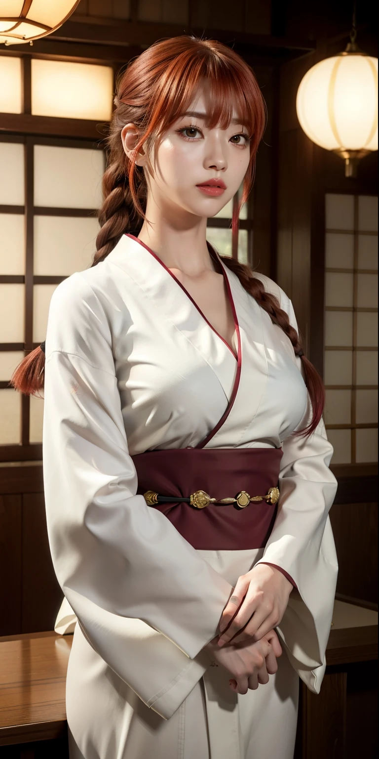 、(masterpiece)、(Highest quality)、(Super fine)、(Extremely detailed CG)、(Extremely delicate)、(Perfect lighting)、(8K)、(Dynamic Angle)、(Clear images)、Bright colors、woman、masterpiece、Highest quality、Depth of written boundary、Cinematic lighting、masterpiece、Highest quality、Super detailed、colorful、Vibrant、Big Breasts、Thighs、Mature Woman、solo、(masterpiece、Highest quality、High resolution、Anime Screencaps、Anime Color)、(Perfect Anatomy、Beautiful detailed eyes、Beautiful detailed body、 Beautiful breasts、Shiny skin)、日本の着物を着て外に立っているセクシーな成熟したアニメのwoman、((White kimono))、Japanese Festivals、night、moon、star、Looking at the audience、bangs、Red Hair、Ringed eyes、Ponytail with Braids、Side bangs、Mid-chest、Mid-chest、Outdoor、Arms above head、Red lipstick