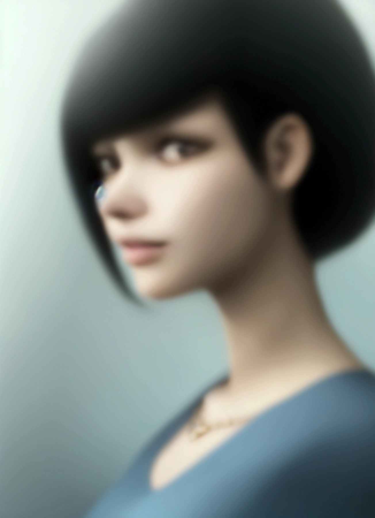 arafed photo of a woman with a blue shirt and a necklace, black hair