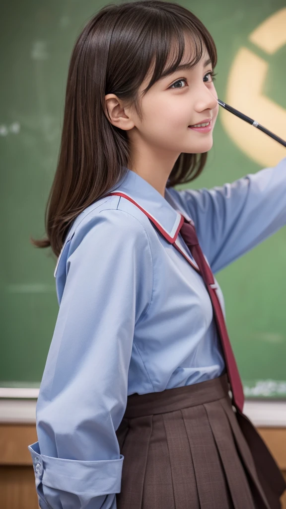 High School Uniform))、(Blackboard background)、Filmed in a school classroom、(School classroom with windows)、(8K、Live Shooting、Highest quality、masterpiece:1.2)、High-quality RAW color photos、Professional photos、(Genuine、フォトGenuine:1.37)、Photographed in natural light、1 Girl、A sloppy smile、(Various poses)、necklace、(Beautiful profile:1.3)、profile、Shortcuts、short hair、The eye color is dark brown、(Beautiful profile:1.3)、Correct hand of human body、Pastel colored clothes、Woman with single eyelid、The correct state of the human body、Natural lip、Shot in well-lit areas、The gesture of brushing back hair、High school girl uniform、Facing forward