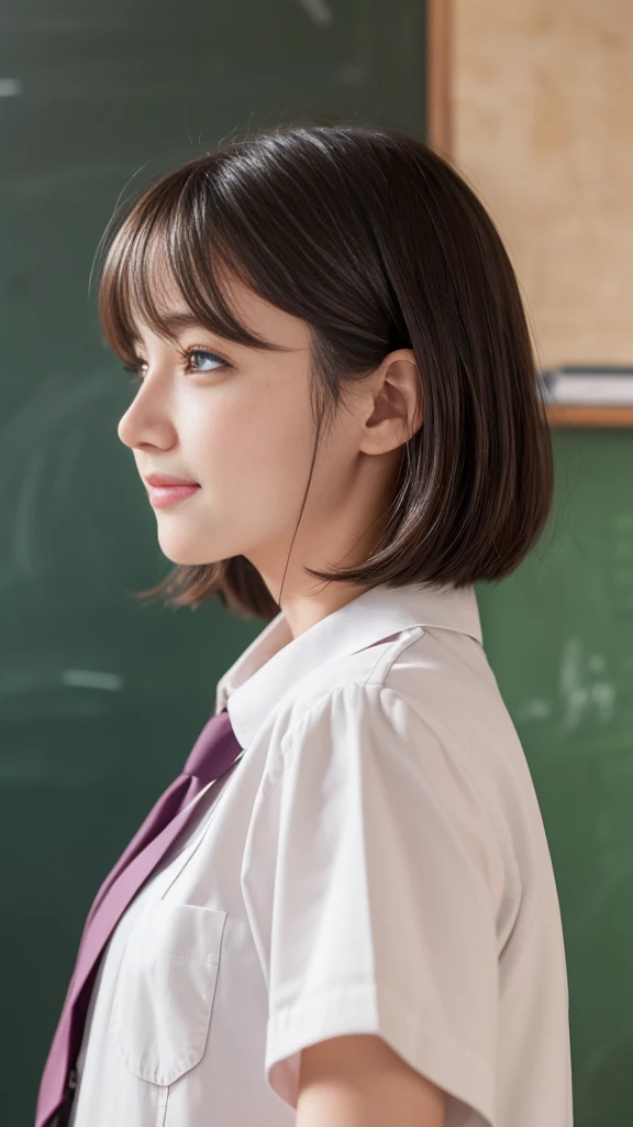 High School Uniform))、(Blackboard background)、Filmed in a school classroom、(School classroom with windows)、(8K、Live Shooting、Highest quality、masterpiece:1.2)、High-quality RAW color photos、Professional photos、(Genuine、フォトGenuine:1.37)、Photographed in natural light、1 Girl、A sloppy smile、(Various poses)、necklace、(Beautiful profile:1.3)、profile、Shortcuts、short hair、The eye color is dark brown、(Beautiful profile:1.3)、Correct hand of human body、Pastel colored clothes、Woman with single eyelid、The correct state of the human body、Natural lip、Shot in well-lit areas、The gesture of brushing back hair、High school girl uniform、Facing forward
