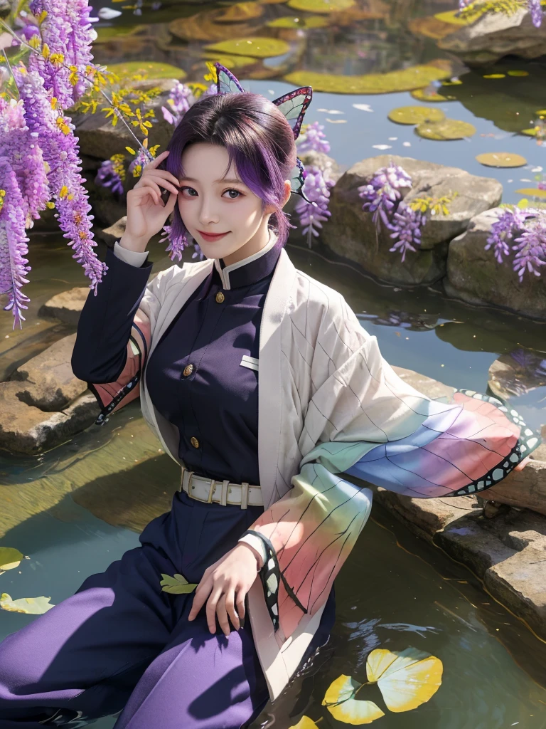 masterpiece, Highest quality, Super detailed, One girl, alone, kochou shinobu, Multicolored Hair, No bangs, Hair Intake, Purple eyes, amount, Wisteria, Black Shirt, Black trousers, Haori, butterfly, Standing waist-deep in the crystal clear water of a quiet pond, Peaceful Expressions, Surrounded by lush foliage and wildflowers, Falling petals, Fallen leaves, Large Breasts, Cowboy Shot, button, belt, A light smile,