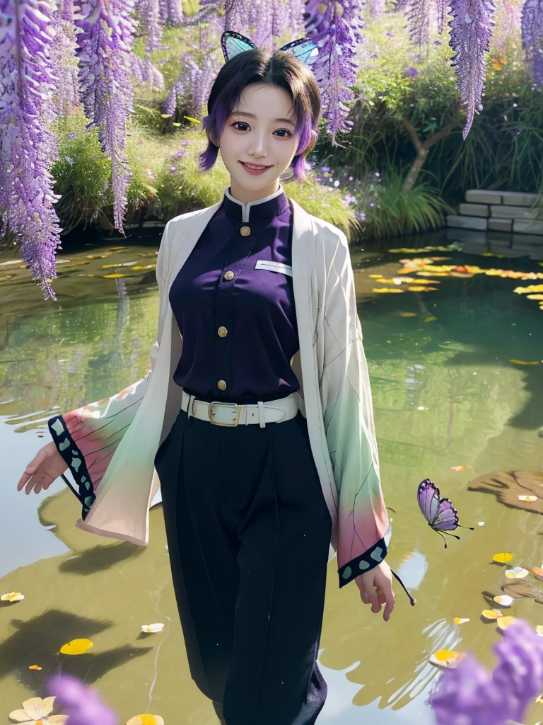 masterpiece, Highest quality, Super detailed, One girl, alone, kochou shinobu, Multicolored Hair, No bangs, Hair Intake, Purple eyes, amount, Wisteria, Black Shirt, Black trousers, Haori, butterfly, Standing waist-deep in the crystal clear water of a quiet pond, Peaceful Expressions, Surrounded by lush foliage and wildflowers, Falling petals, Fallen leaves, Large Breasts, Cowboy Shot, button, belt, A light smile,