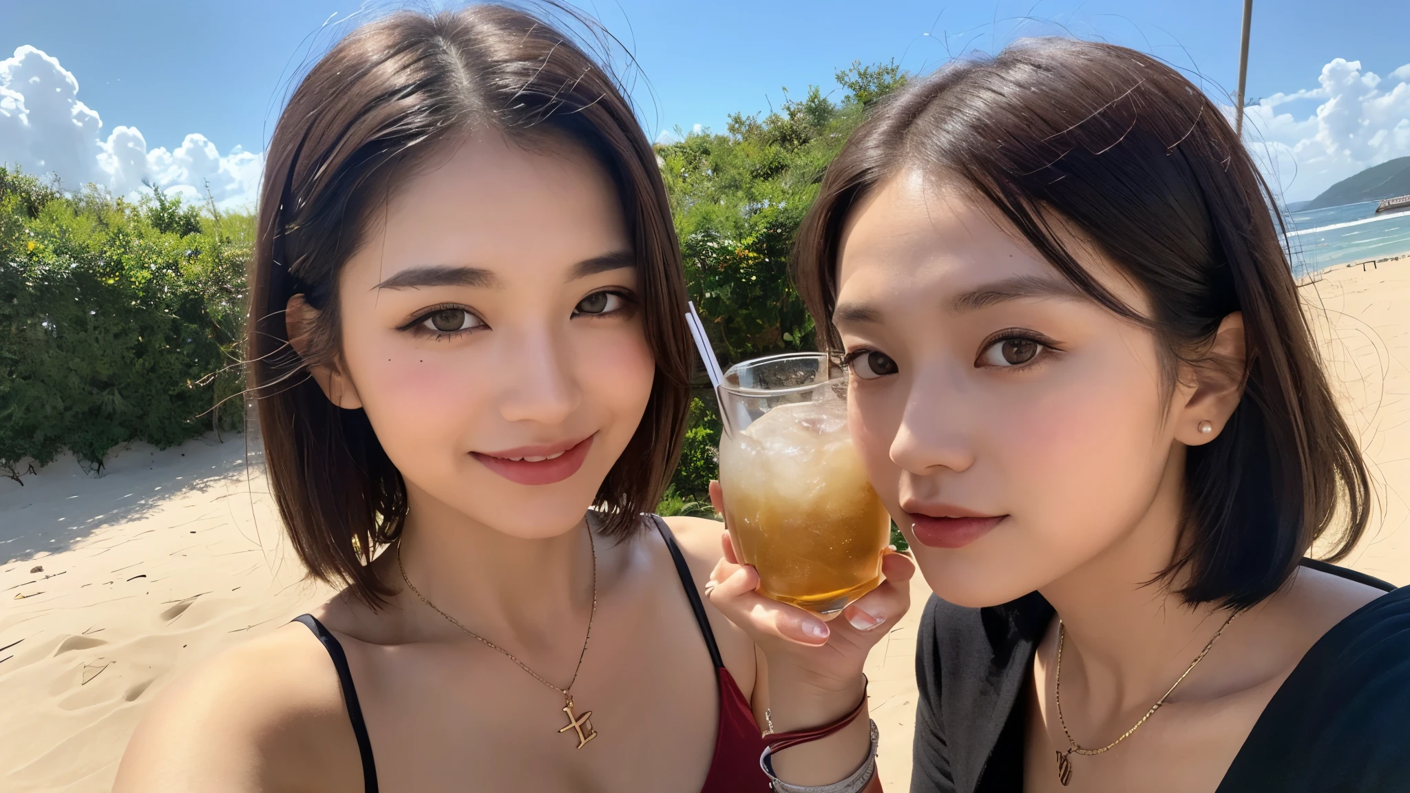 ((Photorealistic lighting, highest quality, 8k, masterpiece:1.3)), sharp focus:1.2, viewer discretion advised (New South Wales) (New South Wales) (New South Wales):1.2, ((realistic)), ((natural light, highest quality)), model-like figure:1.4, (dark brown hair, chest out:1.2), short hair, setting, backshot, (25 years old:1.3), highly detailed face, detailed eyes, double eyelids, necklace, wristband, eyeliner, colorful bikini, (large), (black dress), (seaside, beach, sandy shore, drinking alcohol)