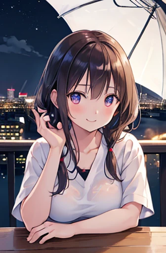 Mofumofu、Oxytocin、(RAW Photos, 最high quality), (Realistic, Realistic: 1.2), (Round face: 1), 1 Girl, Take a selfie outdoors, (Skin with attention to detail: 1.2), (Puffy eyes), (Lying Silkworm), smile, Soft lighting, high quality, Cityscape, Skyline, night, rain, Wet, Professional Lighting, Photon Mapping, Radio City, Physically Based Rendering,