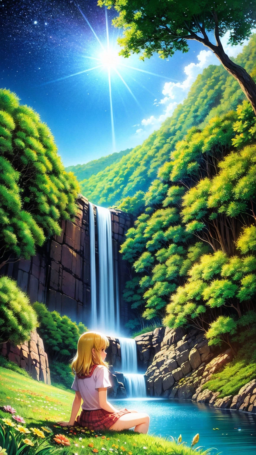 Anime-style illustration, Scene of a young woman sitting on a hill, small luminous flowers, fireflies, magical light, overlooking a mountain valley and countryside and a waterfall, clear blue sky, litle stars. art style: highly saturated and vibrant color style, intense and rich colors vivid. rendered with strong exaggerated colors that enhance the natural beauty, The atmosphere is full of magical color films, High Detail, best quality, 4K.