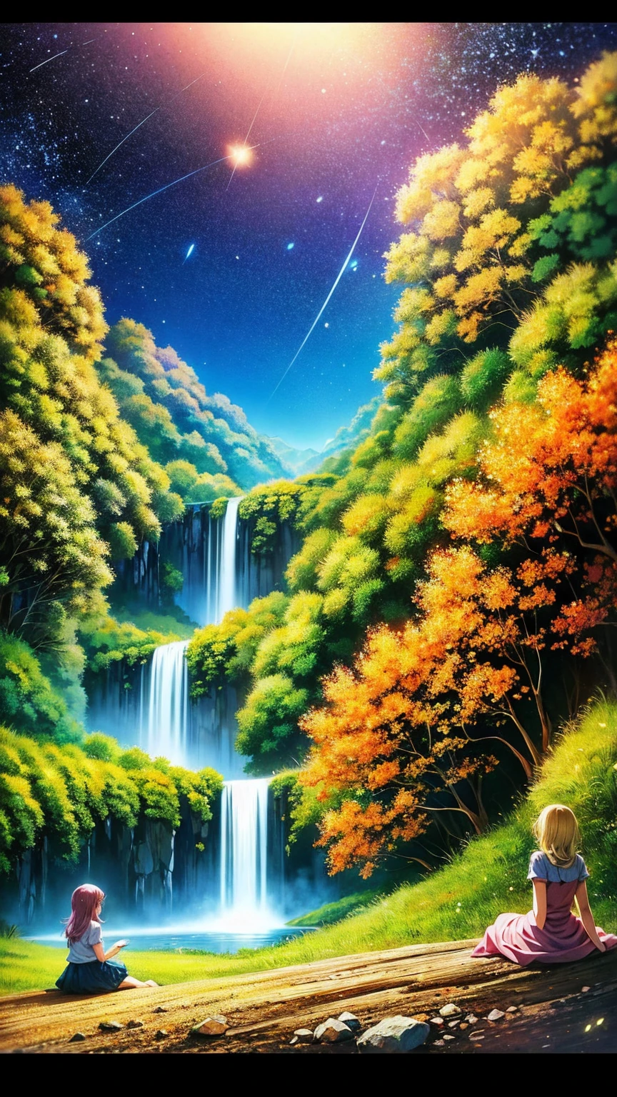 Anime-style illustration, Scene of a young woman sitting on a hill, small luminous flowers, fireflies, magical light, overlooking a mountain valley and countryside and a waterfall, clear blue sky, litle stars. art style: highly saturated and vibrant color style, intense and rich colors vivid. rendered with strong exaggerated colors that enhance the natural beauty, The atmosphere is full of magical color films, High Detail, best quality, 4K.
