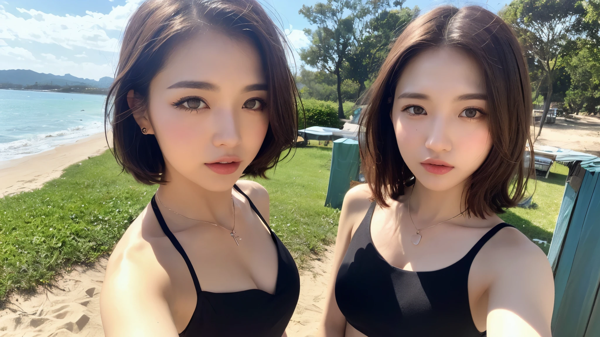 ((Photorealistic lighting, highest quality, 8k, masterpiece:1.3)), sharp focus:1.2, viewer discretion advised (New South Wales) (New South Wales) (New South Wales):1.2, ((realistic)), ((natural light, highest quality)), model-like figure:1.4, (dark brown hair, chest out:1.2), short hair, setting, backshot, (25 years old:1.3), highly detailed face, detailed eyes, double eyelids, necklace, wristband, eyeliner, colorful bikini, (large), (black dress), (seaside, beach, sandy shore, drinking alcohol)
