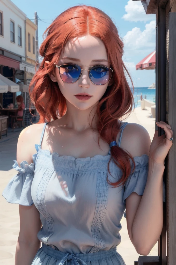 1girl, beautiful detailed blue eyes, sunglasses, redhead, beautiful detailed lips, extremely detailed face, Morning, close up, upper body, 8k, raw photo, best quality, boardwalk, masterpiece, realistic, photo-realistic.