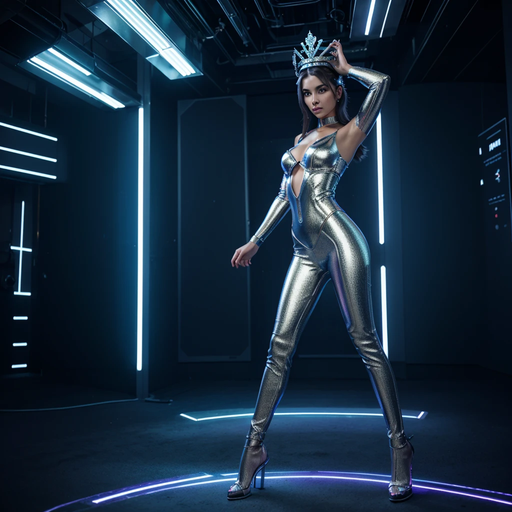 A full-body portrait of a seductive female cyborg, with a regal headpiece resembling a crown. She has smooth, feminine curves and a highly detailed face with a mysterious smile and glowing lines on her skin. Her outfit is semi-transparent with metallic inserts, form-fitting, and accentuating her figure. The background features a cosmic landscape or the interior of a spaceship. She stands with both hands on her hips, looking confidently ahead.