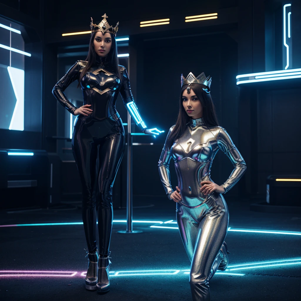 Full-body shot of a highly seductive woman in a high-tech, elegant headpiece resembling a crown, featuring metallic and glowing elements. She has a flawless, smooth skin with intricate metallic inserts. Her outfit is a tight-fitting blend of metal and high-tech fabric, adorned with LED accents that highlight her curves. Background: a vibrant, futuristic cityscape illuminated with neon lights. Pose: one hand confidently placed on her hip, the other arm relaxed, with a graceful and alluring expression on her face.