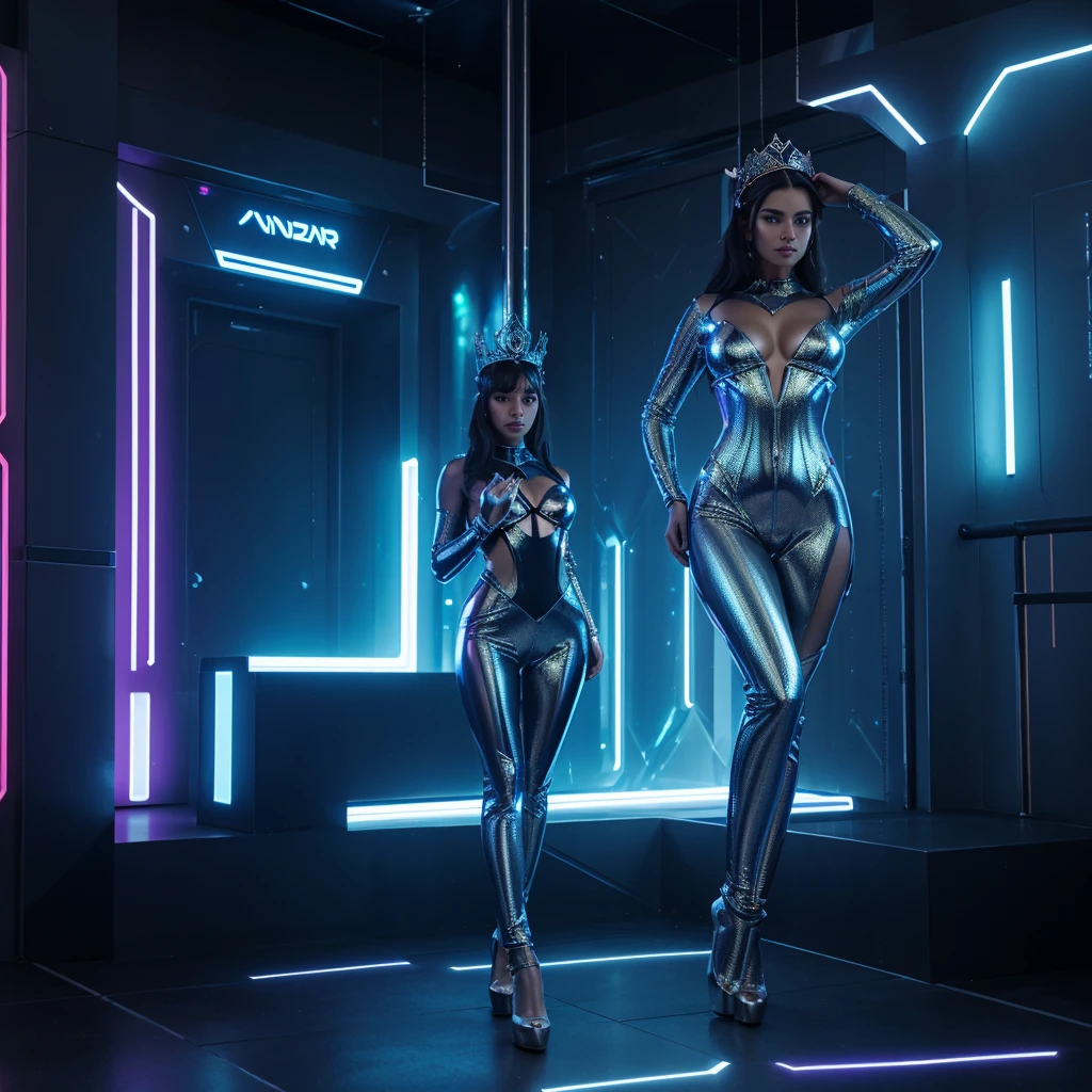 A full-body portrait of a seductive female cyborg in an elegant headpiece resembling a crown. She has smooth, feminine curves and a mysterious smile on her face, with glowing lines on her skin. Her outfit is semi-transparent with metallic inserts, form-fitting, and accentuating her figure. The background features a cosmic landscape or the interior of a spaceship. She stands with a confident gaze, exuding an air of authority and allure.