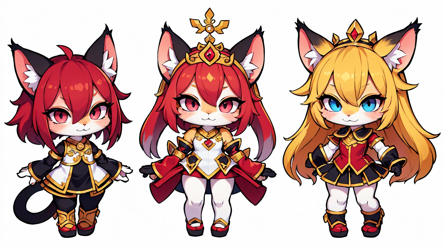 a cat character game, cat ears, furry, (full body:1.2) , chibi, advanced digital chibi art, g liulian art style, maplestory mouse, bian lian, chibi art, league of legends art style, character art of maple story, ((view at the viewer)), (((Empresses in the Palace costume))), ((white background)), simple background
